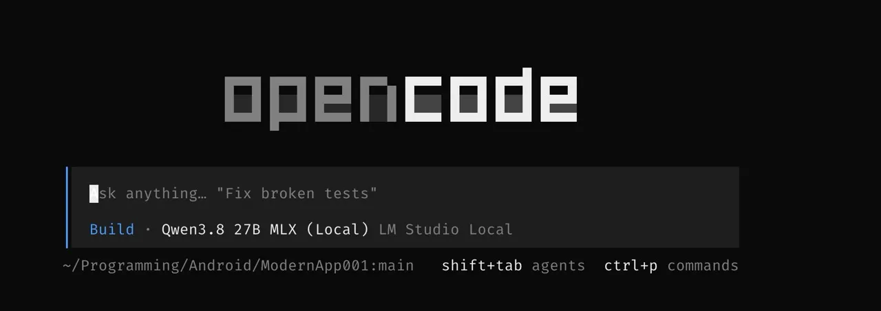 OpenCode 主畫面顯示選用 Qwen3.8 27B MLX(Local)與 LM Studio Local Provider