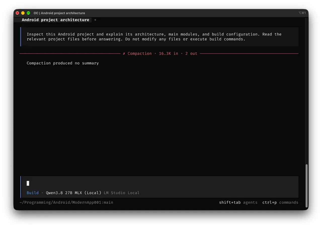 OpenCode 分析 Android 專案時出現 Compaction produced no summary 錯誤