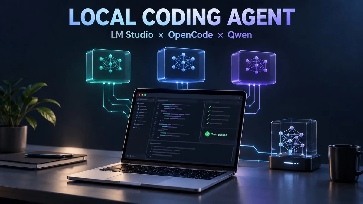 MacBook 執行本機 Coding Agent,連接三個模型模組,螢幕顯示程式碼與測試通過結果